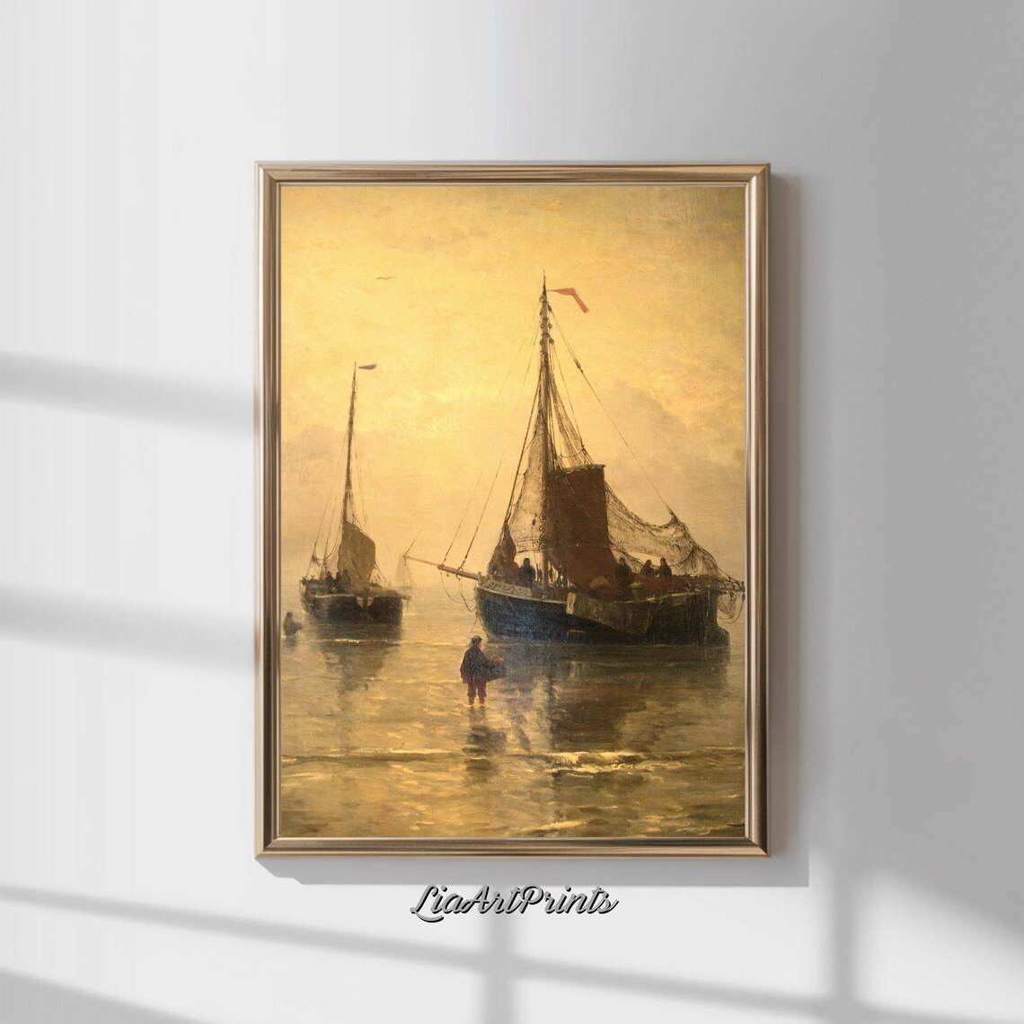Golden Hour Fishing Boats At Anchor Misty Maritime Dutch Seascape Poster