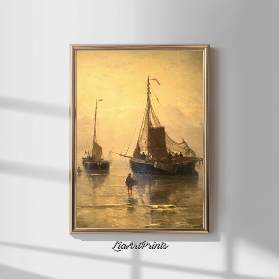 Golden Hour Fishing Boats At Anchor Misty Maritime Dutch Seascape Poster