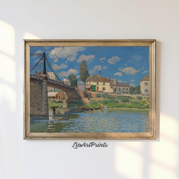 Charming Riverside Village Wall Art Scenic Bridge And Bright Skies Artwork For Rustic And Vintage Decor
