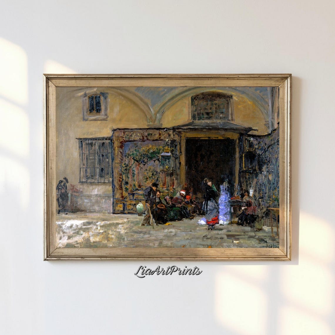 Vintage Courtyard Market Scene Arched Old Town Gathering Poster