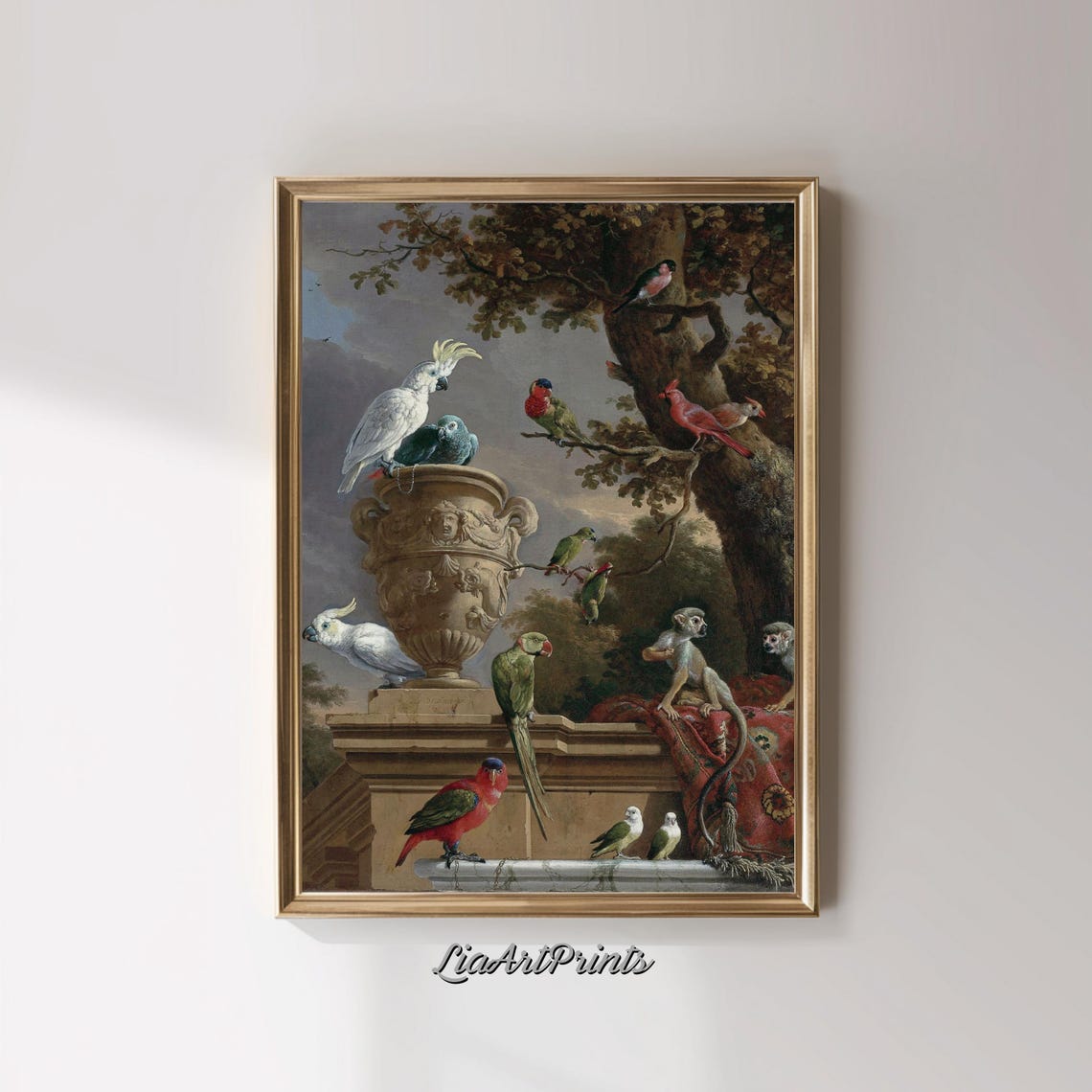 Exotic Parrots and Monkeys Vintage Oil Painting with Stone Urn Poster - Image 2