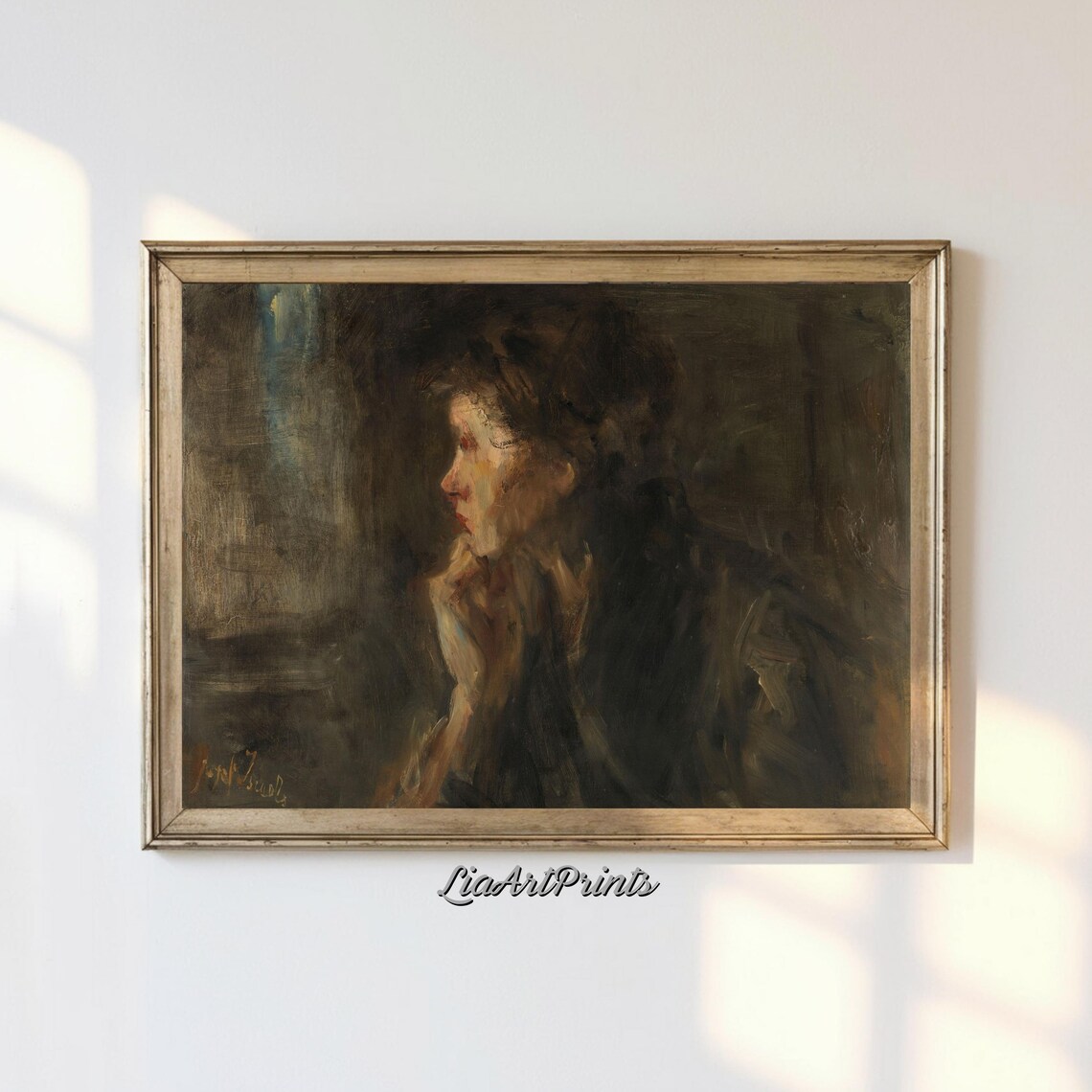 Pensive Woman Dark Vintage Portrait Oil Painting Contemplative Poster