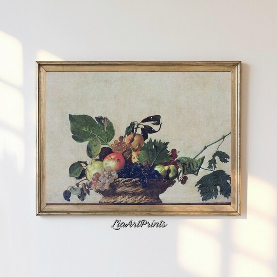 Vintage Still Life Wall Art Classic Fruit Basket Painting Antique Inspired Artwork Rustic Home Decor