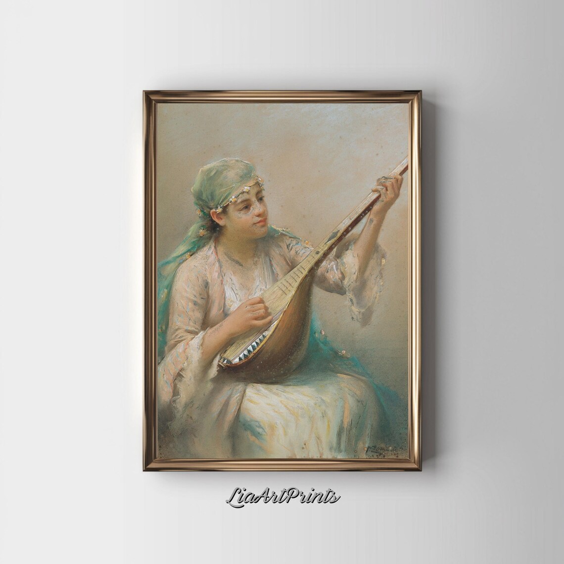 Vintage Pastel Portrait Woman Playing Mandolin Romantic Music Poster - Image 3