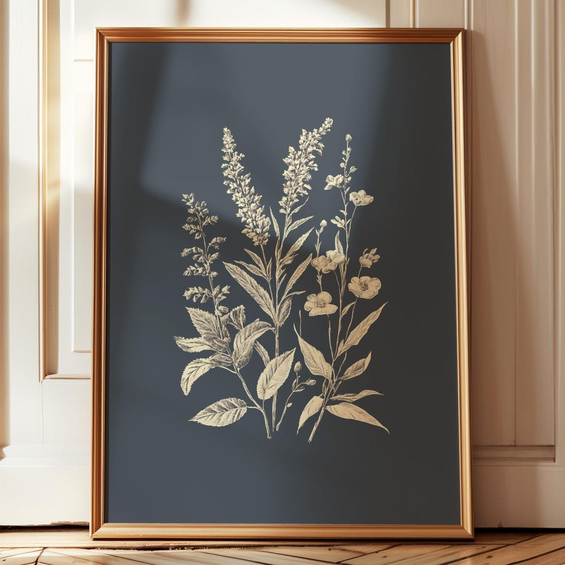 Wildflowers Botanical Line Illustration Against Deep Navy Wall Art