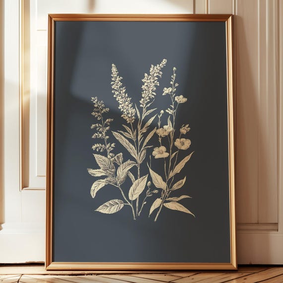 Botanical Wall Art Vintage Floral Plant Illustration Blue Grey Rustic Nature Decor For Living Room Or Kitchen