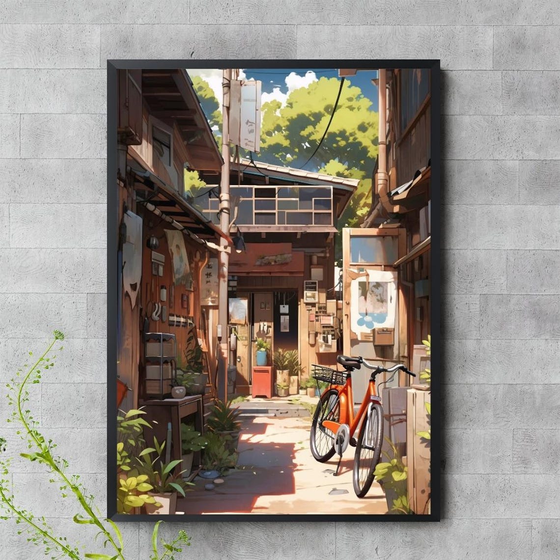 Japanese Alleyway Anime Art Rustic Bicycle Street Scene Wall Poster