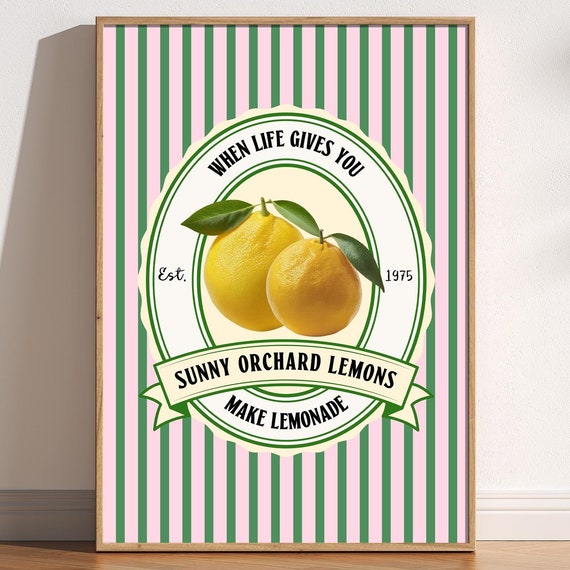 Cute Retro Lemon Print Advertisement Style Cafe Decor Kitchen Poster When Life Gives You Lemons Fruit Farm Art Pink Green Stripes