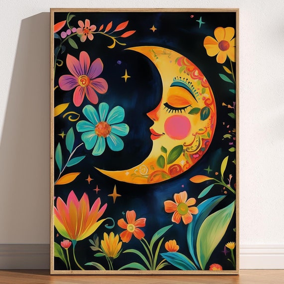 Mexican Moon Folk Art Print, La Luna Sun Flowers