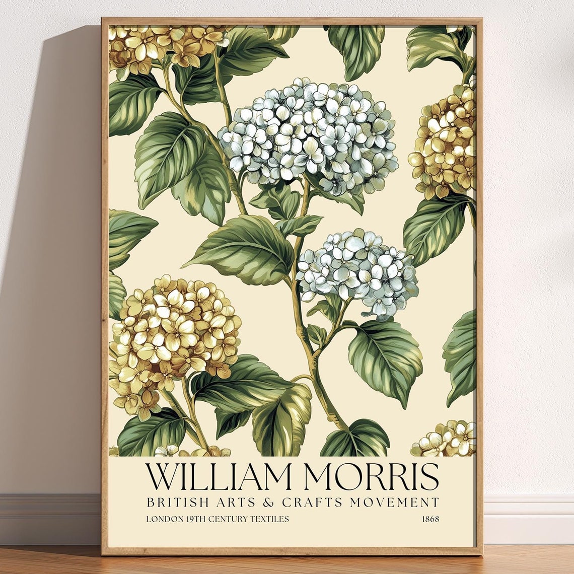 William Morris Hydrangea Blossoms Blue Gold Floral Exhibition Poster