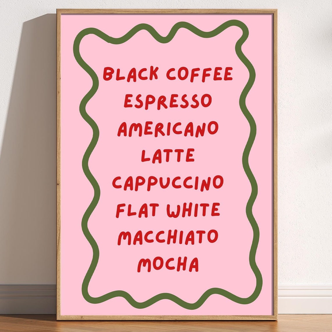 Coffee Names List Menu Black Coffee Latte Cappuccino Kitchen Poster