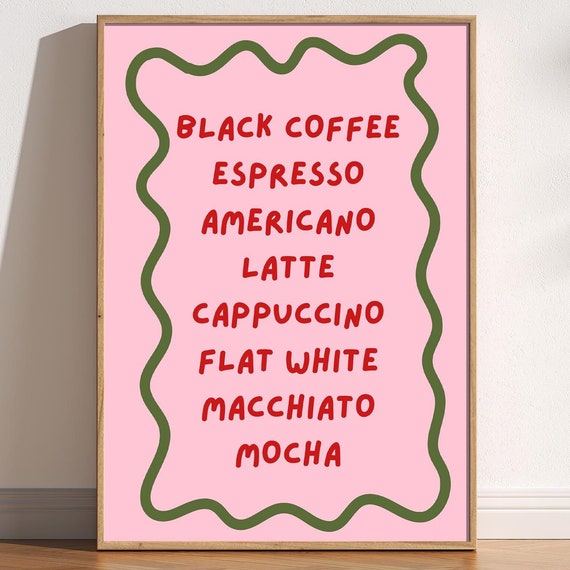 Coffee Names List Print Menu Art Fun Quirky Type Colourful Wall Kitchen Cafe Decor Shop Modern