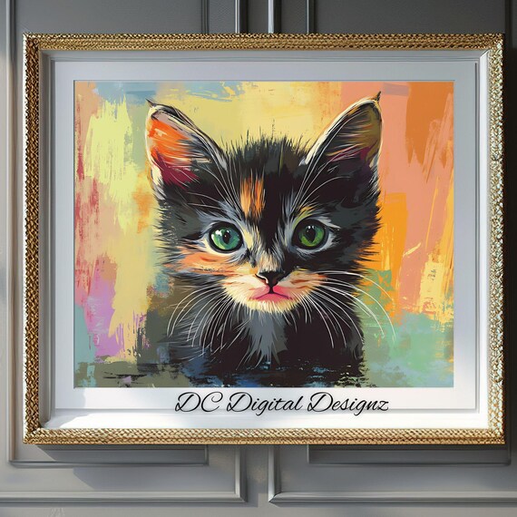 Black Kitten Green Eyes Pastel Brushstroke Cat Portrait Poster