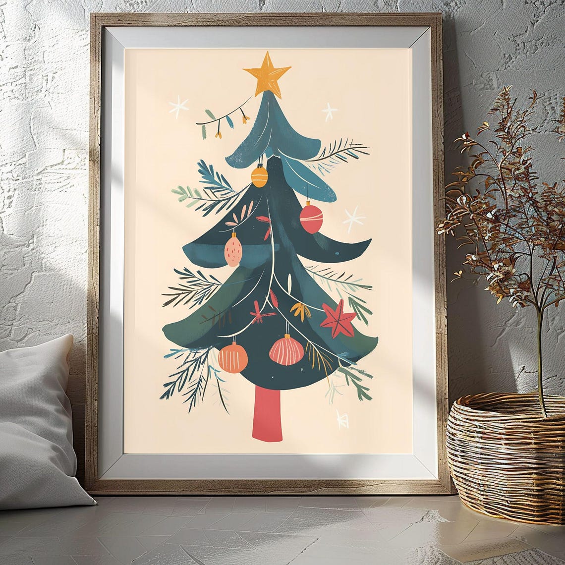 Whimsical Teal Christmas Tree with Ornaments and Gold Star Poster