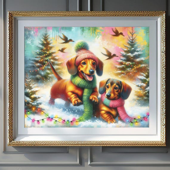 Christmas Wall Art Wall Art Acrylic Painting Dachshunds Playing In Winter Snow Dog Art Dachshund Wall Decor Cute Winter Dogs