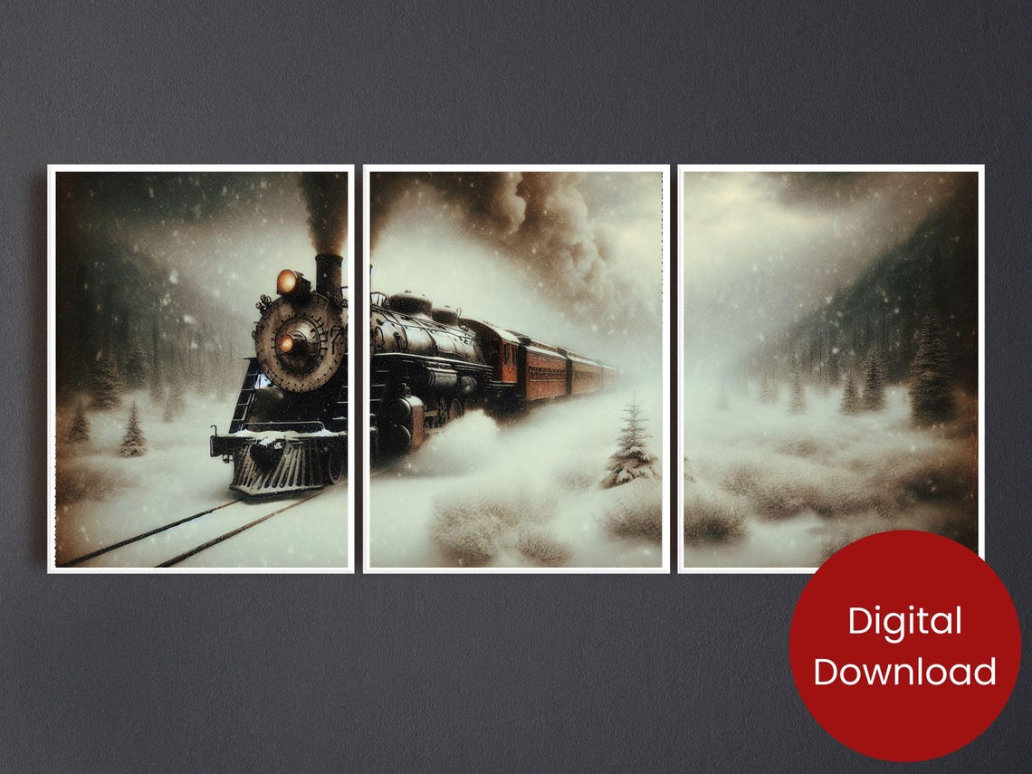 Vintage Steam Train Snow Triptych Set Sepia Winter Rail Art Poster