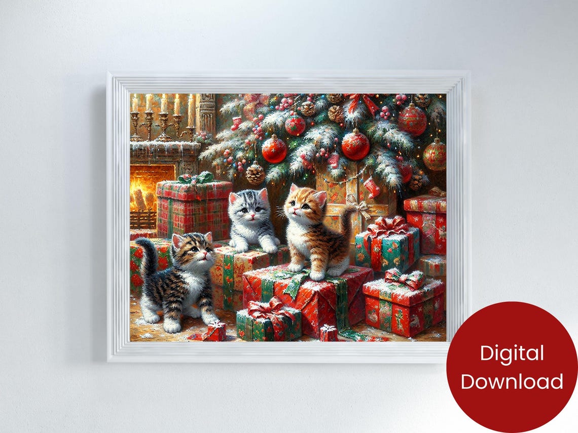 Christmas Wall Art Kittens Playing Under Christmas Tree Cute Holiday Cat Decor Christmas Art Festive Animal Artwork - Image 2