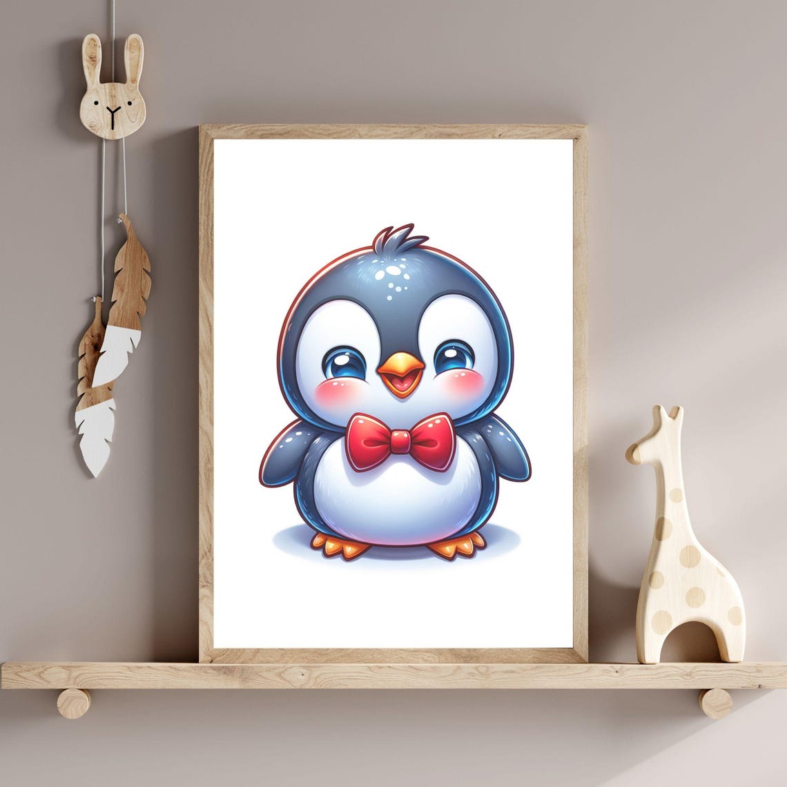Happy Cartoon Penguin Red Bow Tie Big Blue Eyes Nursery Poster