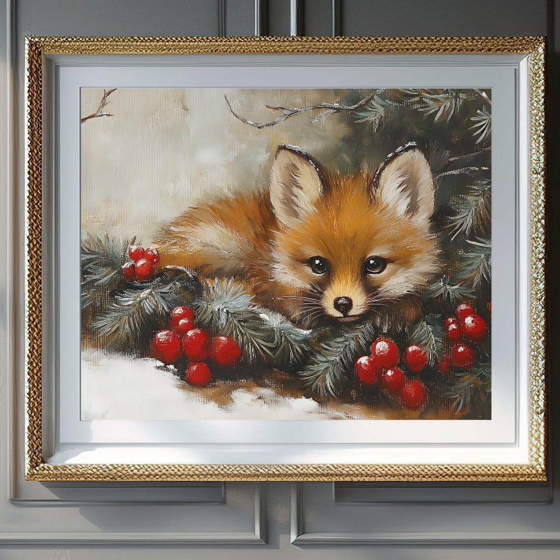 Adorable Baby Fox Among Pine Boughs Red Berries Winter Poster