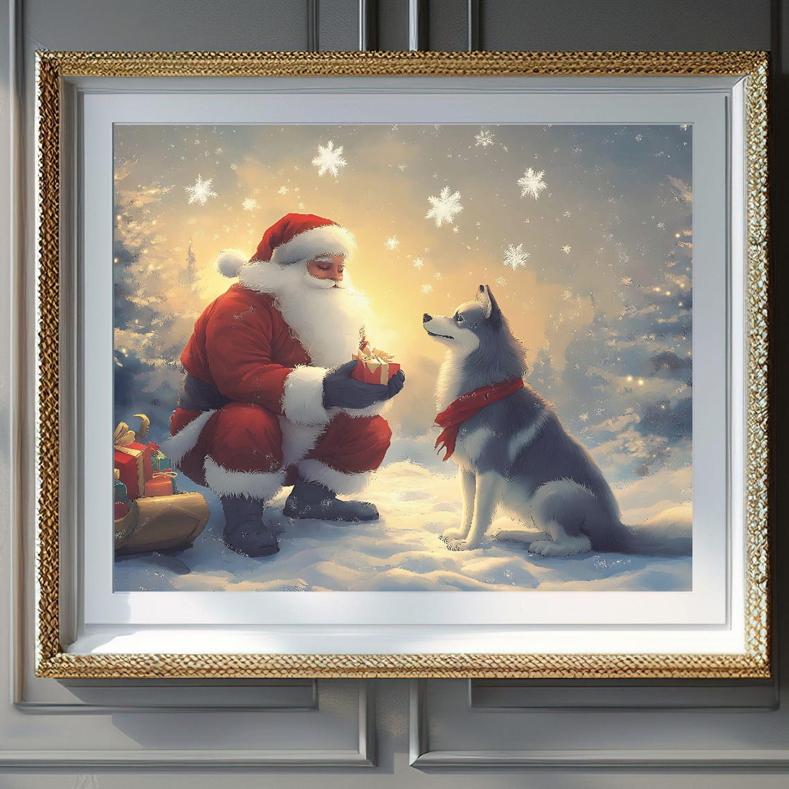 Santa Claus Giving Gift To Husky Dog Snow Christmas Magic Poster