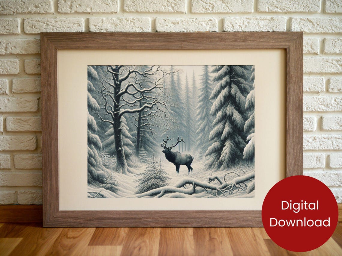 Majestic Elk Winter Snowy Forest Black White Wildlife Art Poster