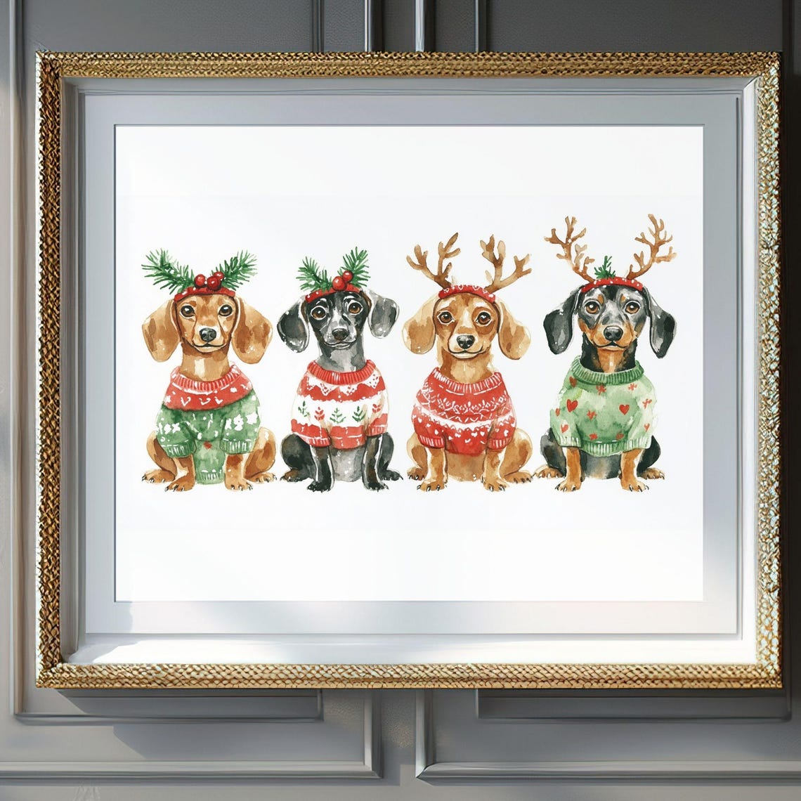 Four Dachshunds Christmas Sweaters Holiday Headbands Watercolor Poster