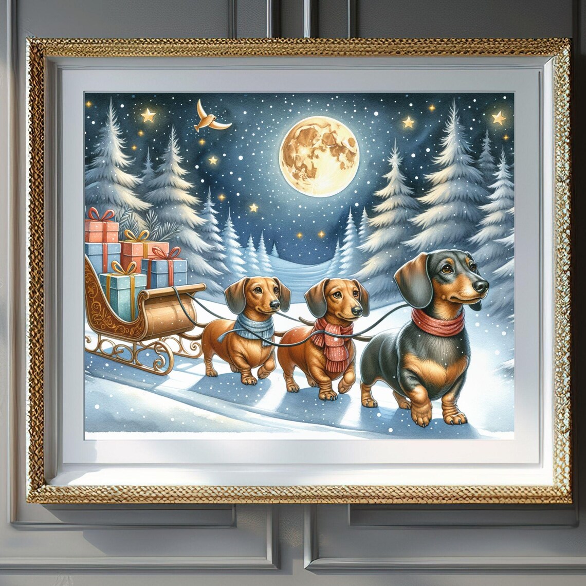 Christmas Dachshunds Pulling Sleigh, Winter Night Scene