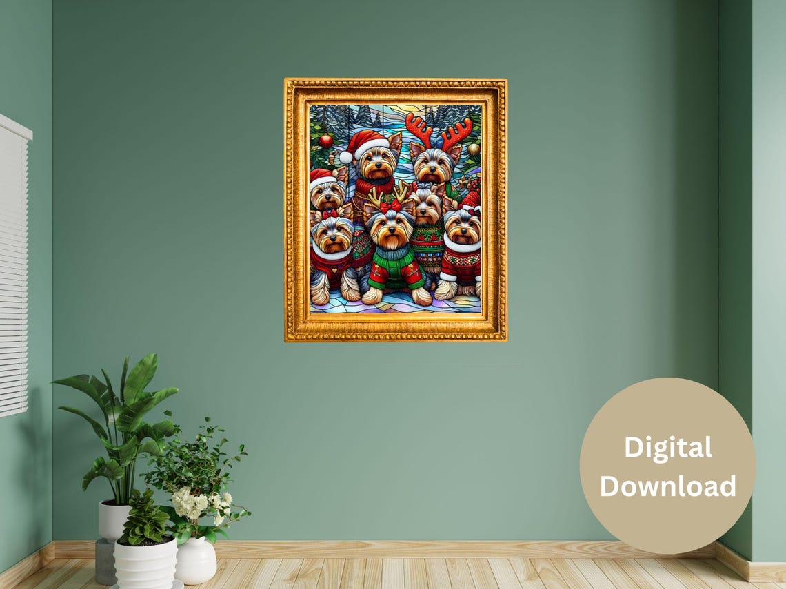 Yorkshire Terriers Stained Glass Style Christmas Sweater Dog Poster - Image 2