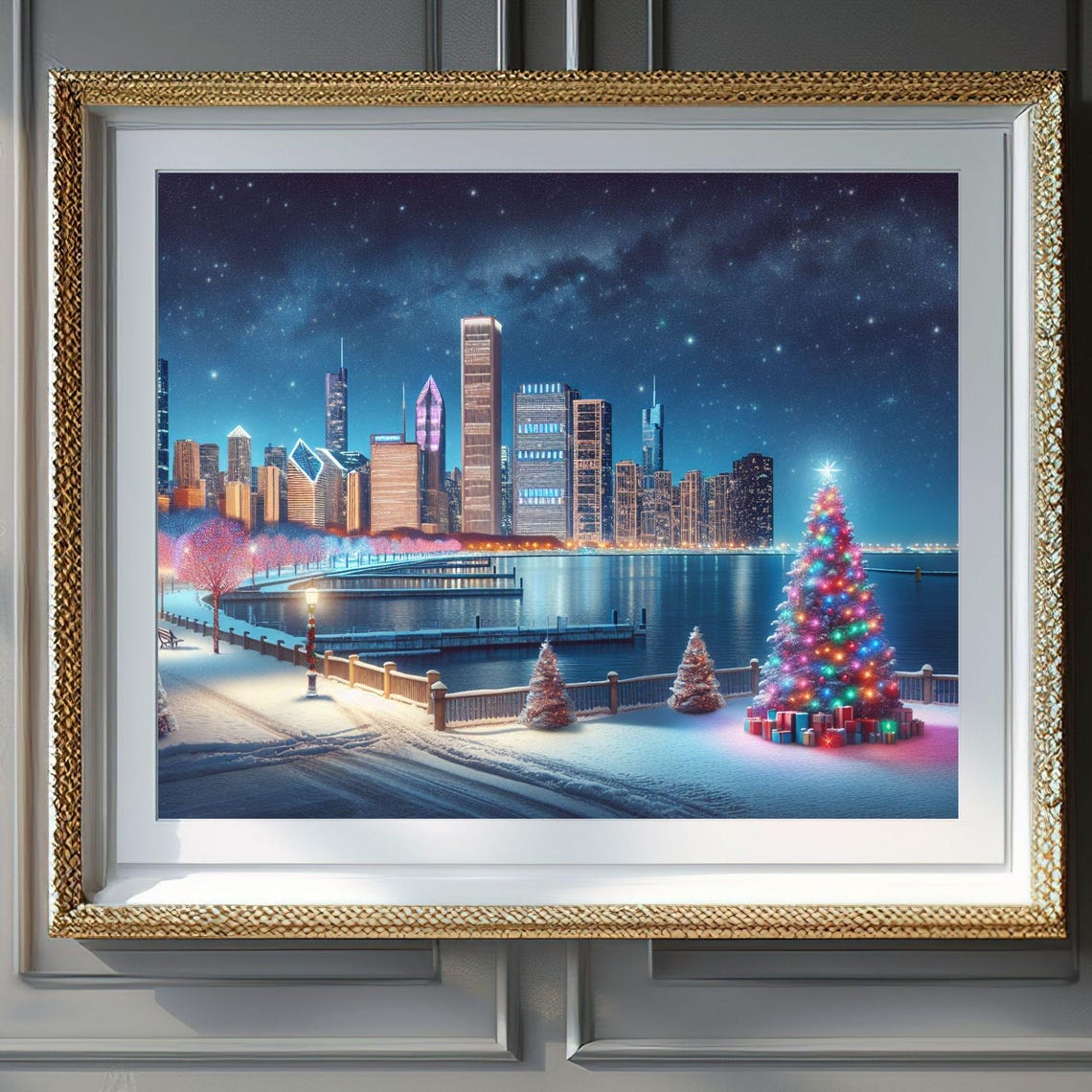 Chicago Skyline Christmas Night Snowy Lakefront Tree Lights Poster