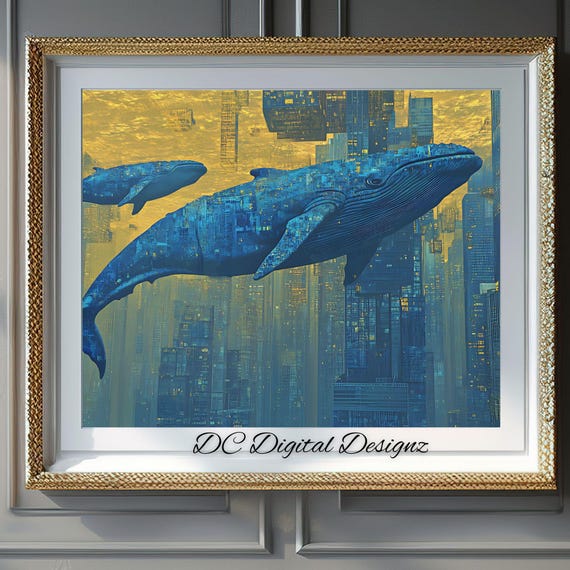 Animal Wall Art Sad Whales Over Sleeping City Wall Art Klimt Inspired Blue Yellow Elegant Stylish Artwork