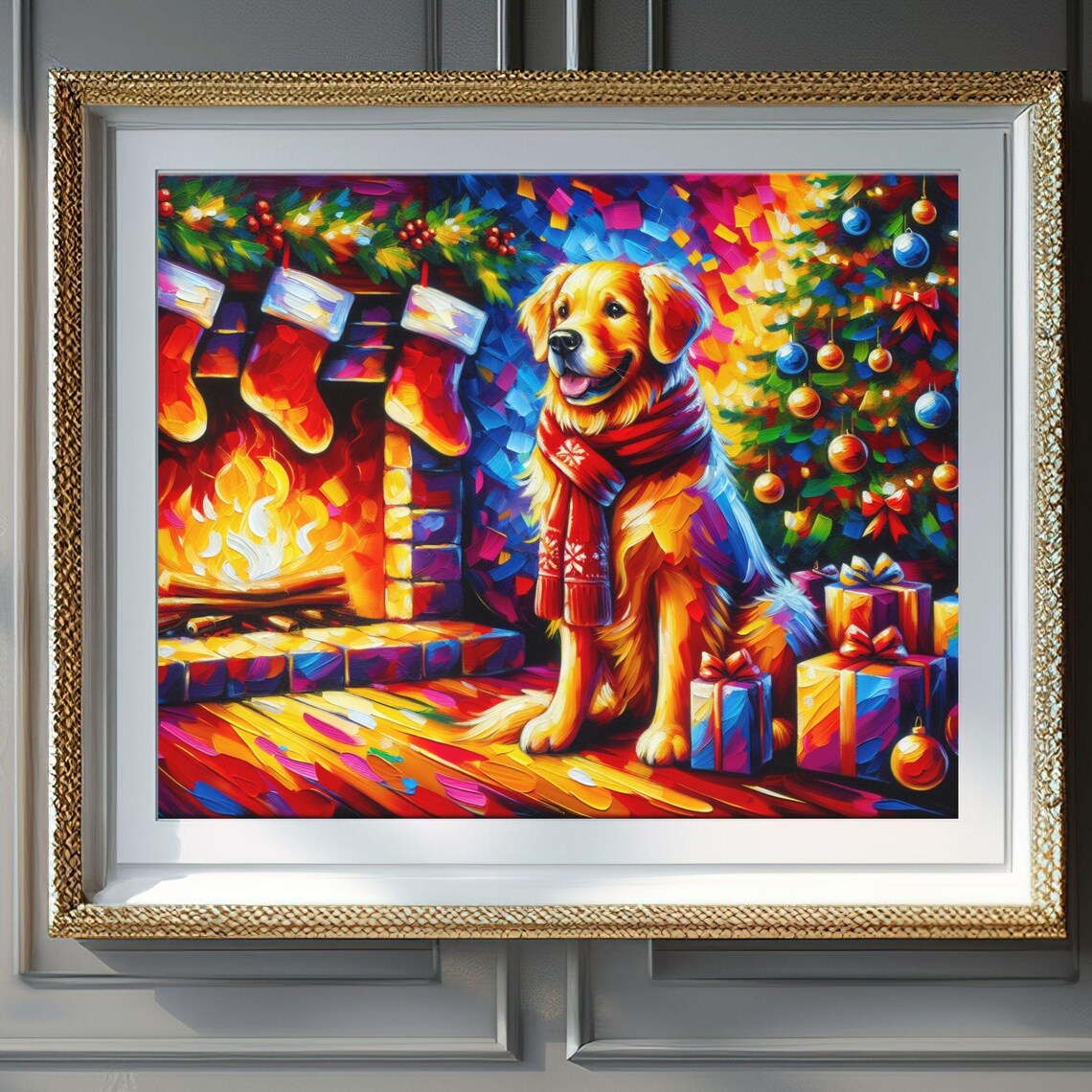 Golden Retriever Fireplace Christmas Stockings Colorful Dog Poster