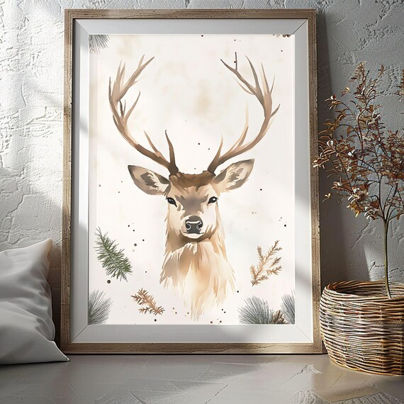 Majestic Stag Head with Antlers and Pine Sprigs Watercolor Poster