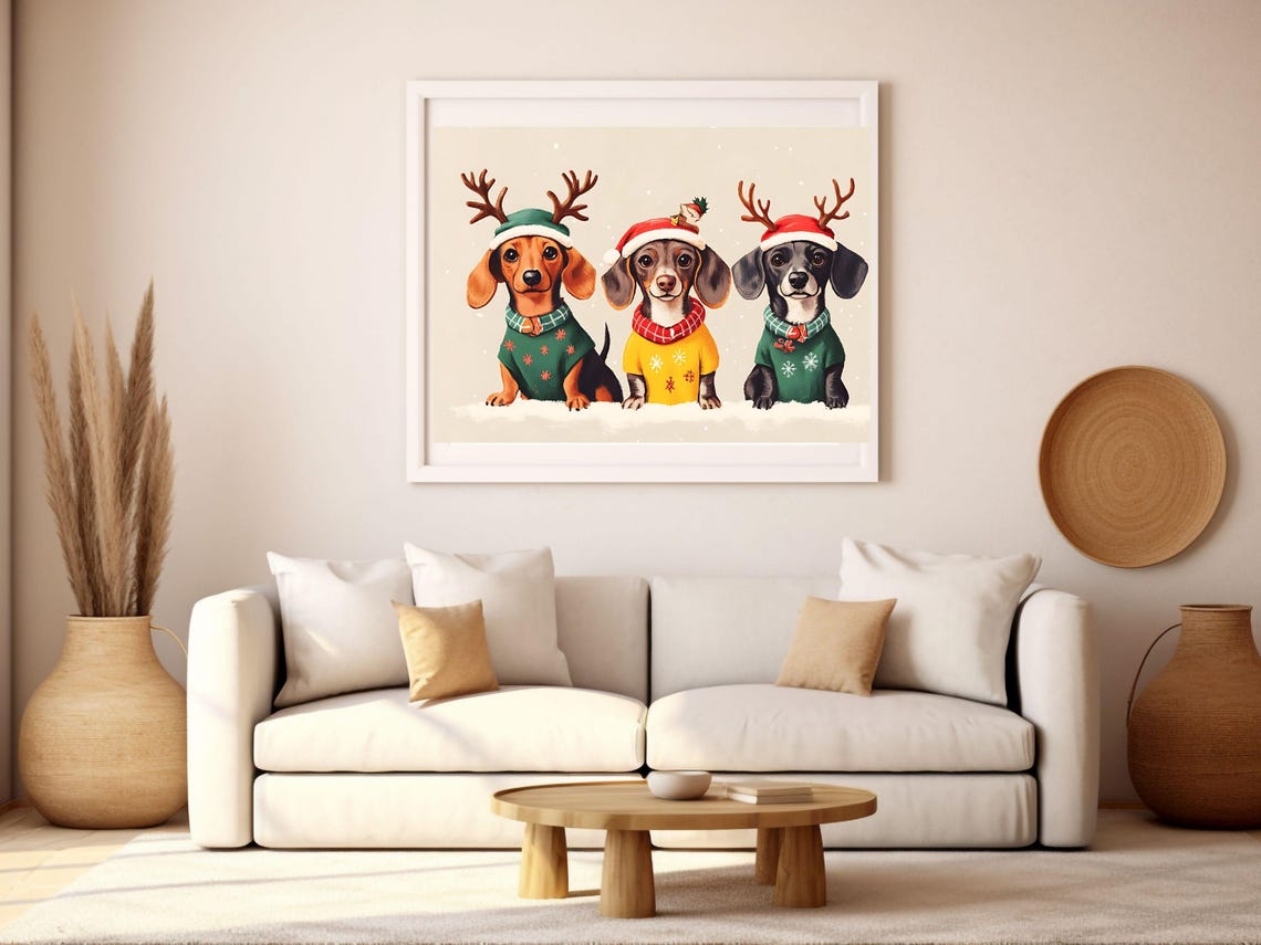 Three Dachshund Puppies in Reindeer Antlers Holiday Sweaters Poster - Image 3