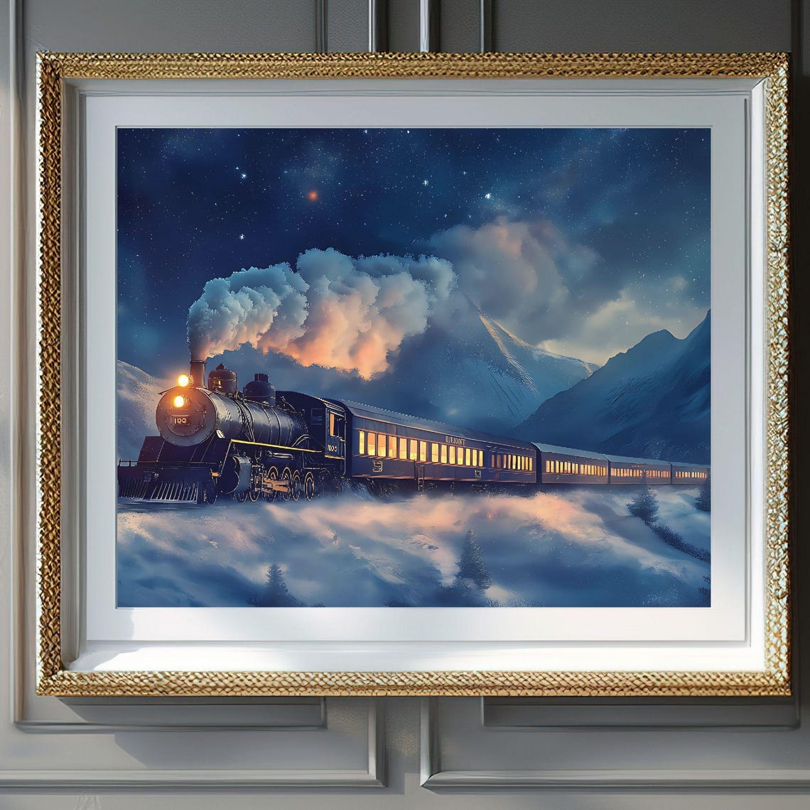 Steam Train in Starry Winter Night Snowy Mountain Landscape Poster