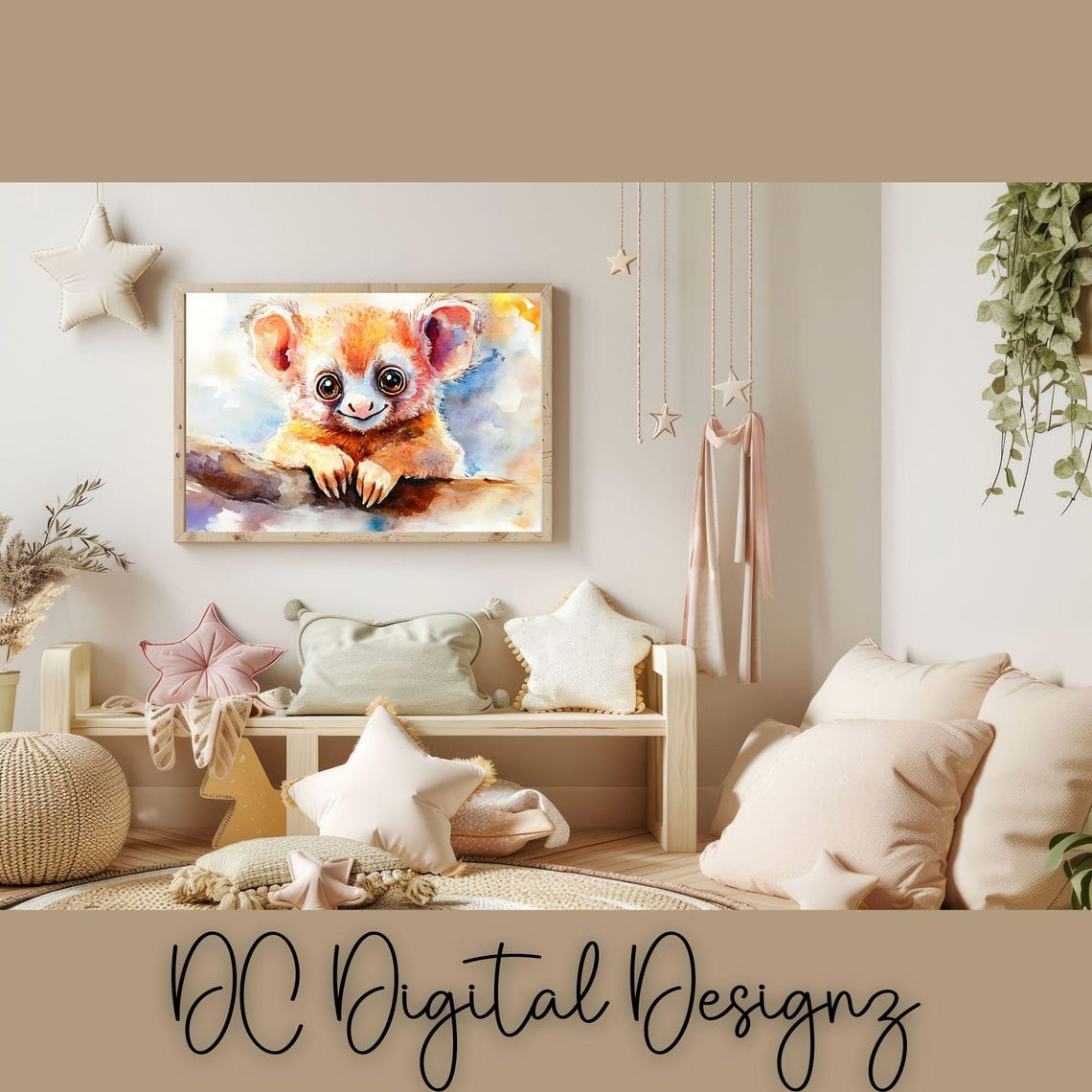 Cute Baby Loris with Big Eyes on Branch Watercolor Nursery Poster
