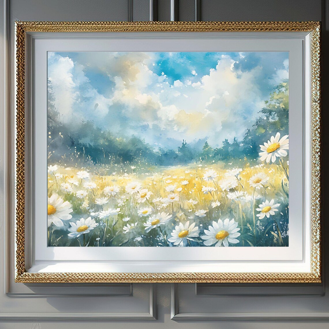 Beautiful Daisy Field Landscape, Spring Meadow Art Print