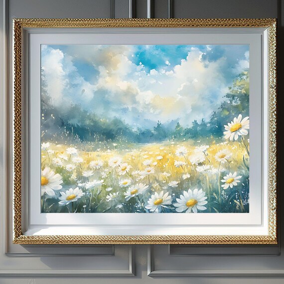 Beautiful Daisy Field Landscape, Spring Meadow Art Print