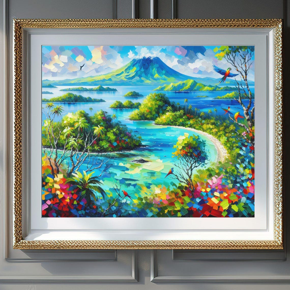 Tropical Island Volcano Parrots Lagoon Vibrant Jungle Poster