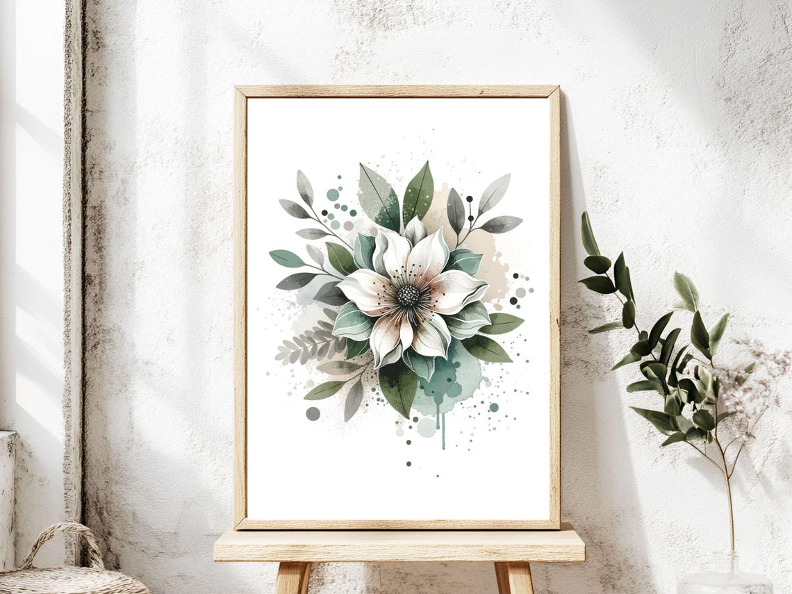 White Flower Watercolor Botanical Eucalyptus Leaf Minimal Poster