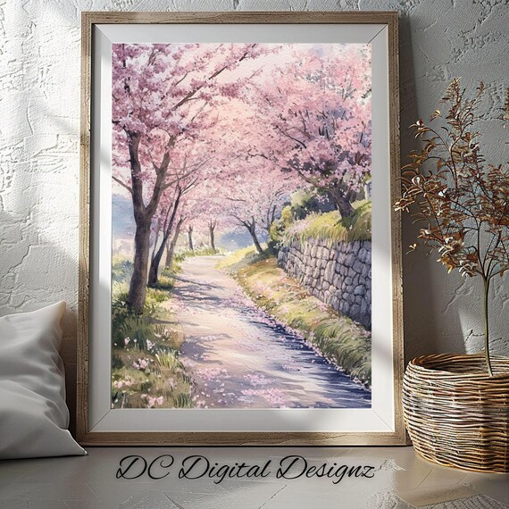 Cherry Blossom Trees on Winding Path Spring Bloom Watercolor Poster