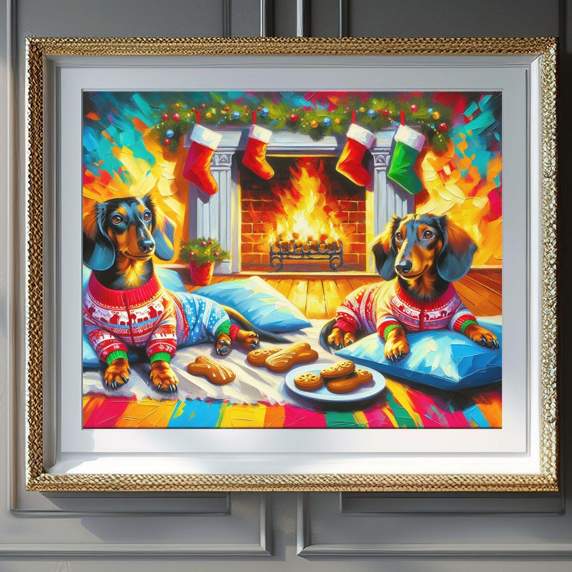 Two Dachshunds in Christmas Sweaters by the Fireplace Poster