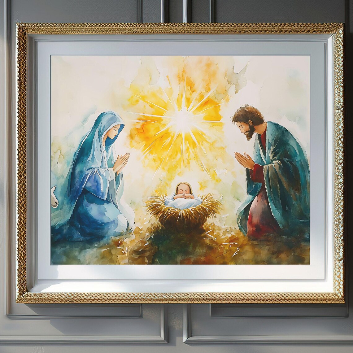 Holy Family Nativity Scene Baby Jesus Golden Star Watercolor Poster