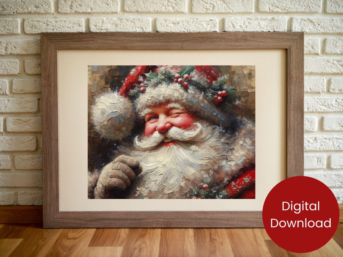 Winking Santa Claus Portrait Holly Berries Rustic Holiday Poster