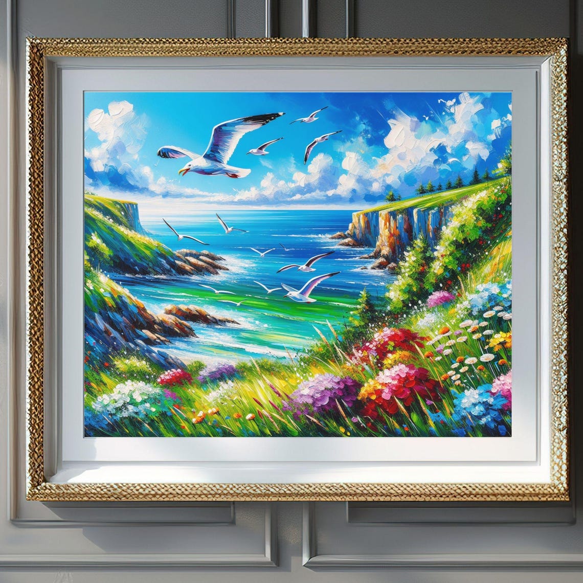 Seagulls Over Coastal Cliffs Wildflowers Seascape Art Poster