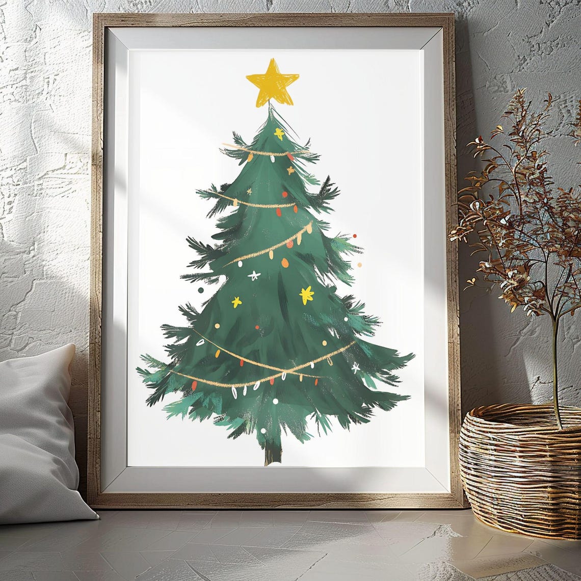 Hand Painted Green Christmas Tree with Gold Star and Ornaments Poster