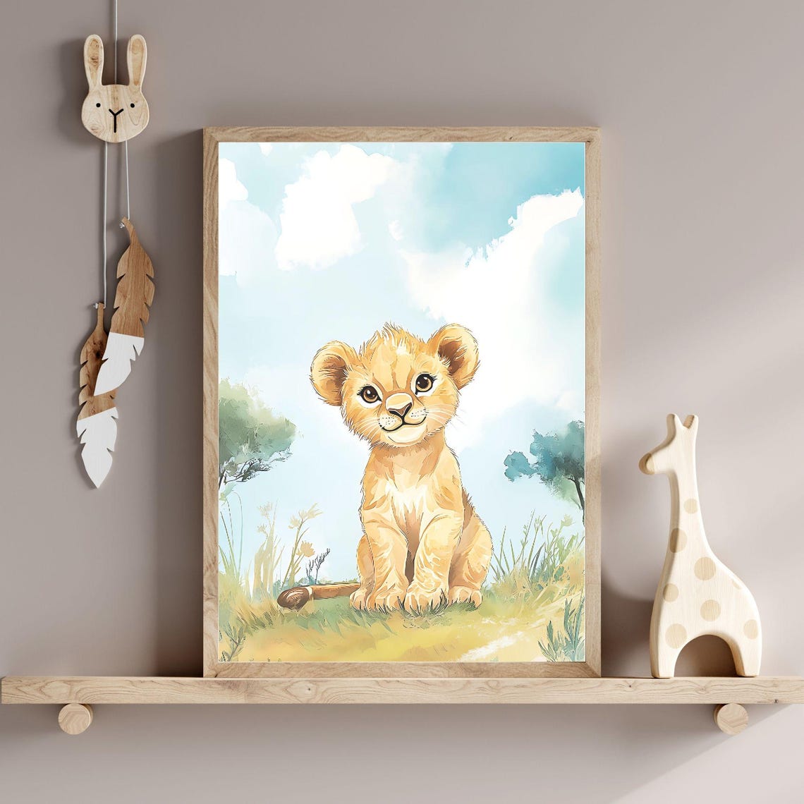 Baby Lion Cub Watercolor Sitting in Grass Soft Nursery Poster