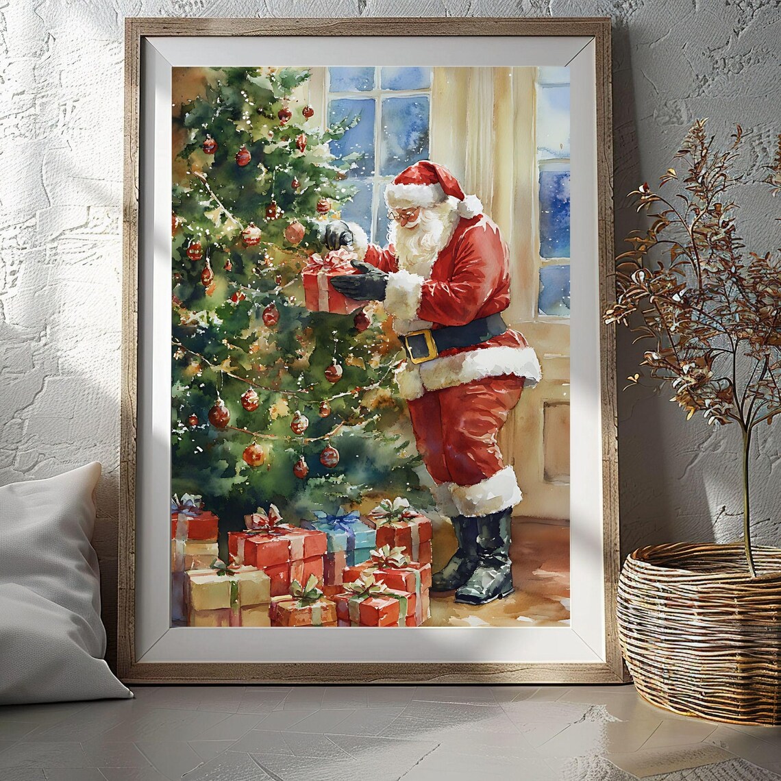 Santa Claus Arranging Presents Under Christmas Tree Night Poster