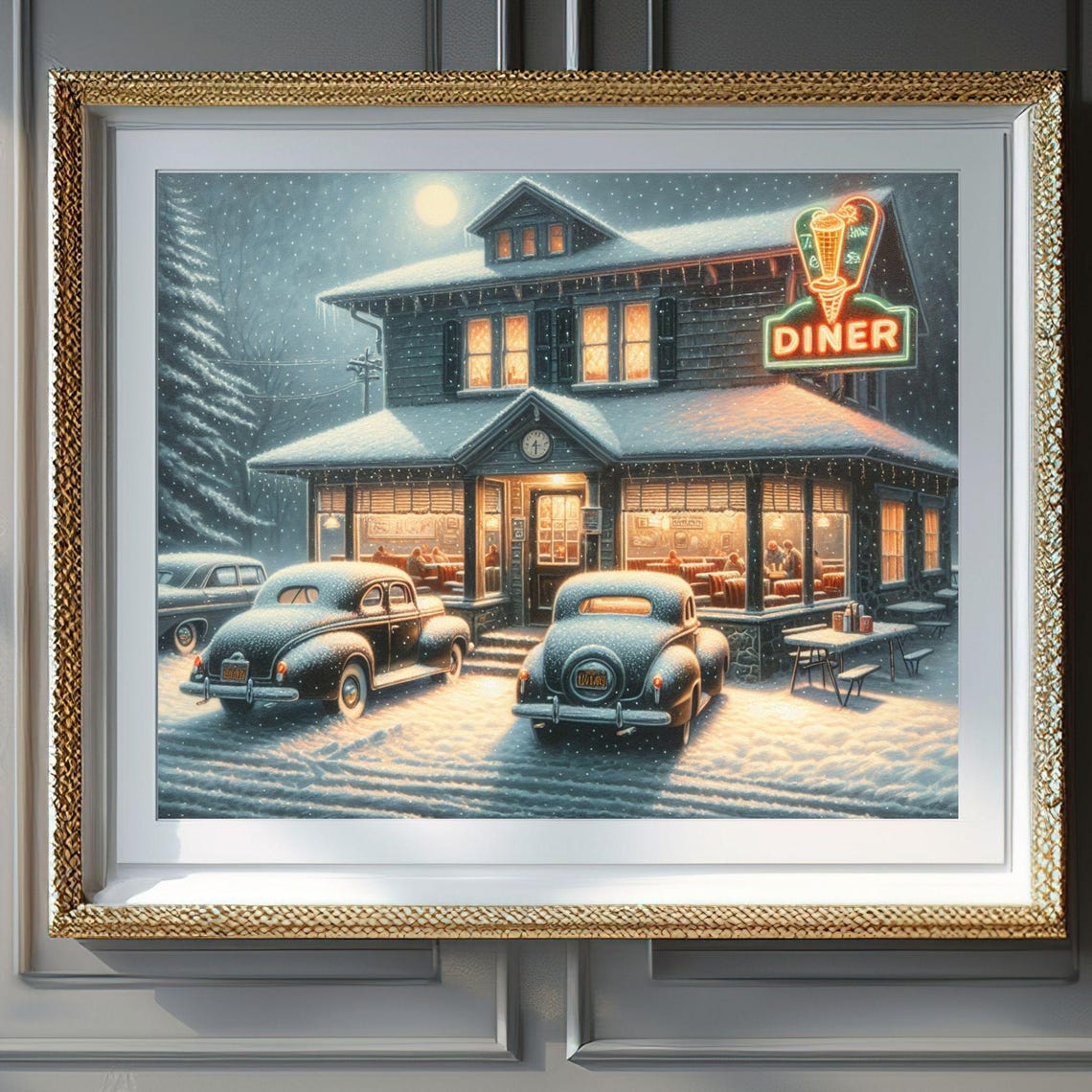 1940s Retro Diner Neon Sign Snow Night Vintage Cars Christmas Poster