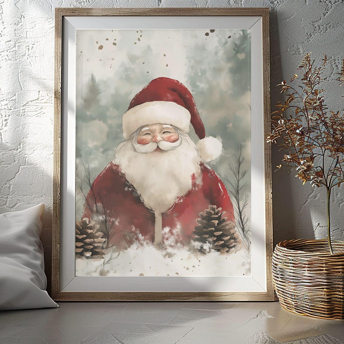 Santa Claus Standing in a Snowy Winter Forest Watercolor Poster
