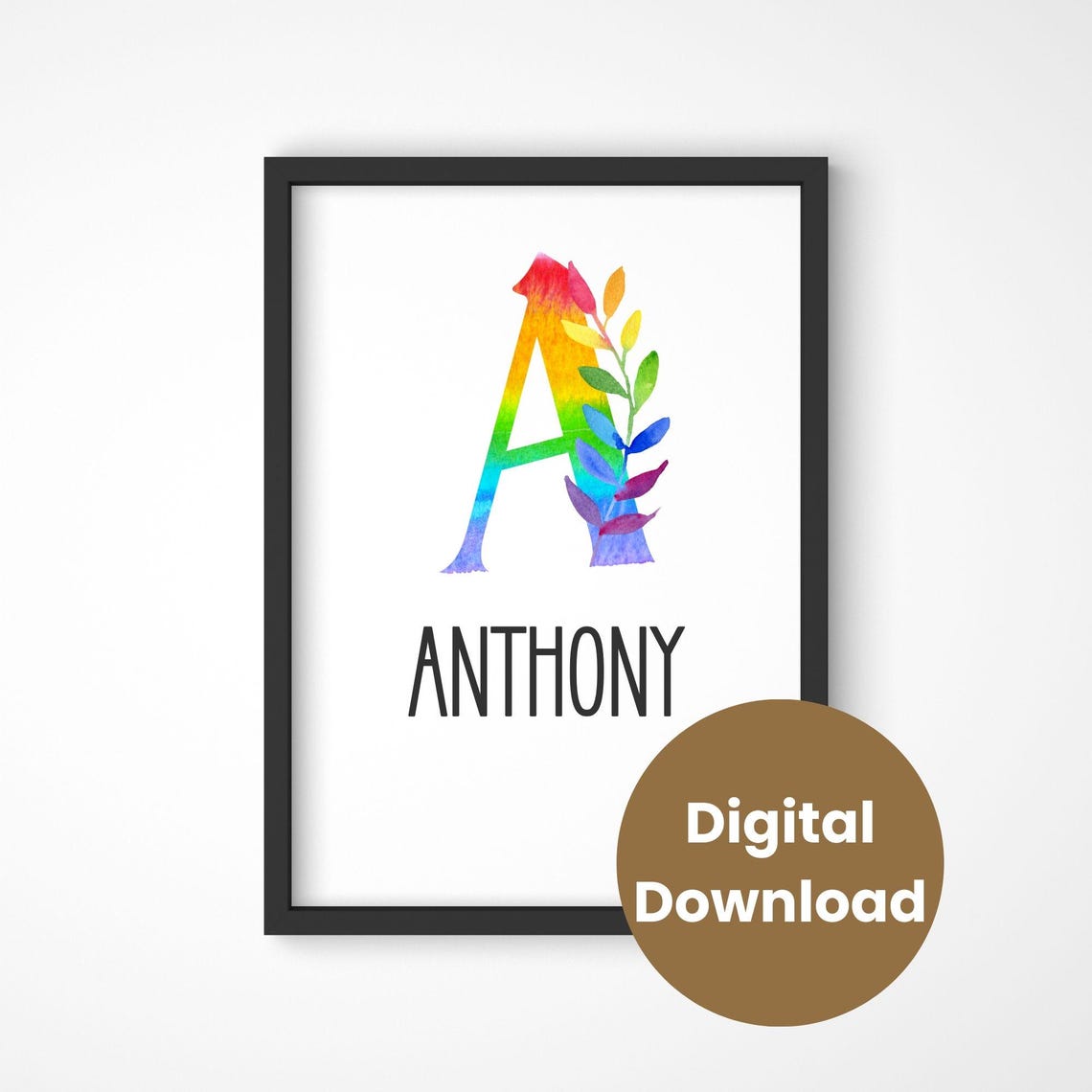 Rainbow Watercolor Letter A with Leafy Branch Nursery Name Poster - Image 3